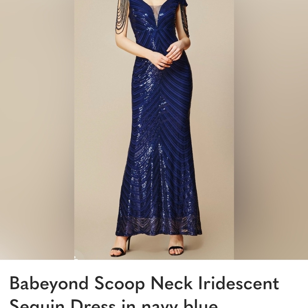 Babeyond Navy Blue Sequin Maxi Dress with Draped Shoulder Chains